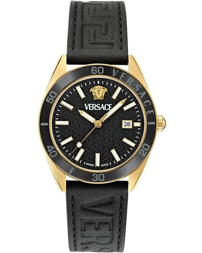 Versace Swiss Black Leather Strap Watch 42mm - Gray