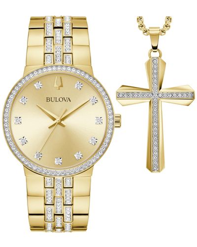 Bulova Crystal Stainless Steel Bracelet Watch 40mm & Necklace Box Set - Metallic