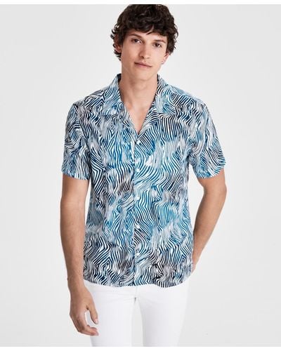 INC International Concepts Max Zebra Stripe Short-sleeve Camp Shirt - Blue