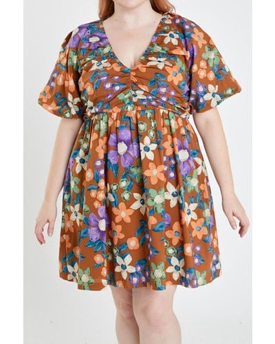 English Factory Plus Size Floral Puffy Sleeve Mini Dress - Multicolor