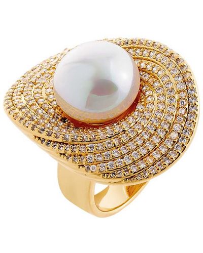 By Adina Eden Fancy Pave Curved Imitation Pearl Ring - White
