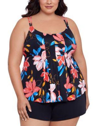 Swim Solutions Plus Size Printed Pleat Front Tankini Swim Skirt Created For Macys - Blue