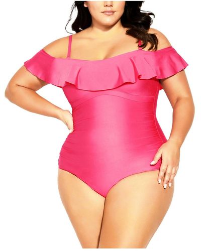 City Chic Plus Size Ingrid Ruffle 1 Piece Swimsuit - Pink