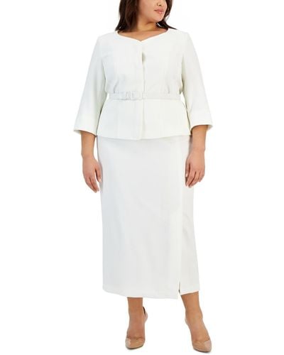Le Suit Plus Size Textured Belted Jacket & Column Skirt - White