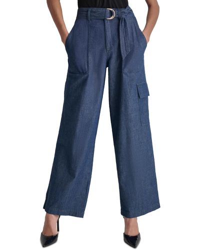DKNY High Rise Belted Wide-leg Cotton Denim Cargo Pants - Blue