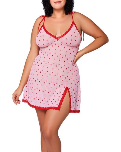 iCollection Plus Size Paris Embroidered Hearts Babydoll Chemise And Matching Heart Panty 2pc Lingerie Set