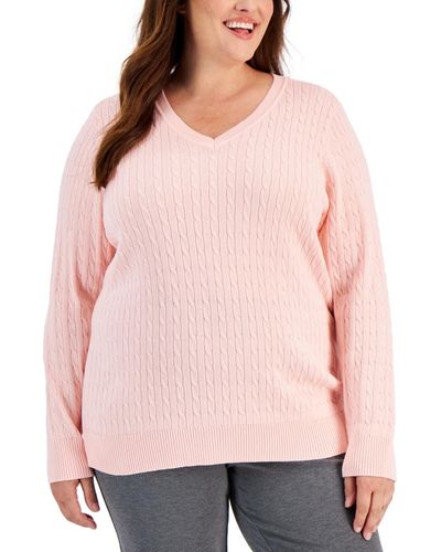 Karen Scott Plus Size Cable-knit V-neck Sweater - Pink