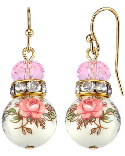 2028 Gold Tone Lt. Rose And Floral Beaded Drop Earrings - Pink