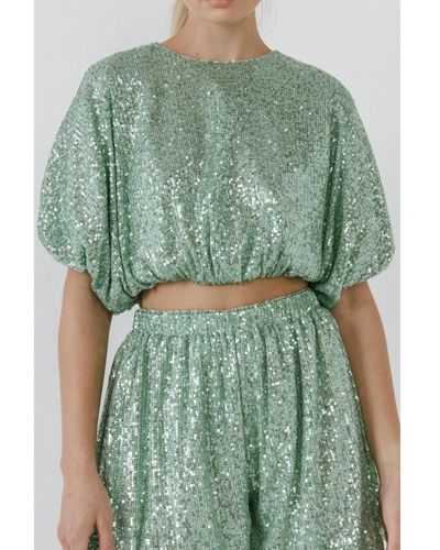 Endless Rose Sequins Cropped Puff Top - Green
