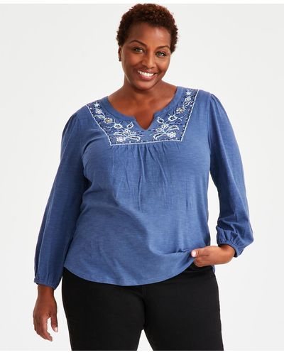 Style & Co. Plus Size Embroidered Split-neck Top - Blue