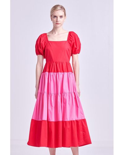 English Factory Color Block Puff Sleeve Maxi Dress - Pink