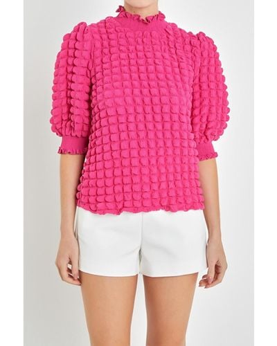 English Factory Textured Mock Neck Short Sleeve Blouse - Pink