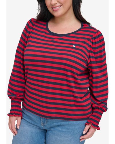Tommy Hilfiger Plus Size Striped Smocked-cuff Top - Red