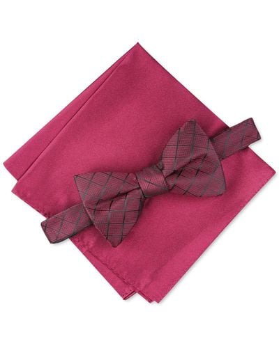 Alfani Grid Pre-tied Bow Tie & Solid Pocket Square Set - Pink