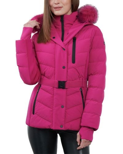 Michael Kors Belted Faux-fur-trim Hooded Puffer Coat - Pink