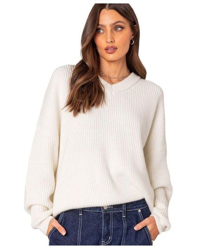 Edikted Denny Oversized V Neck Sweater - White