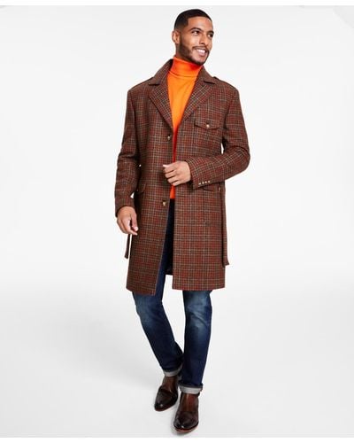 Tayion Collection Classic-fit Plaid Self Belted Wool Blend Overcoats - Brown