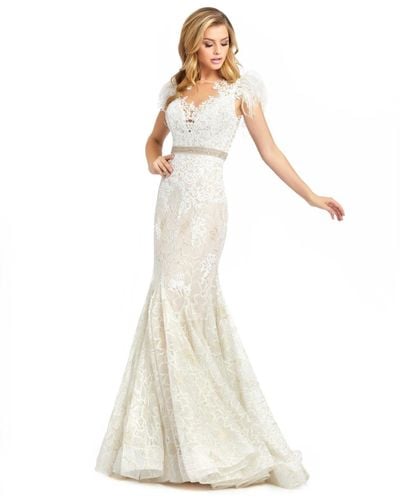 Mac Duggal Embellished Feather Cap Sleeve Illusion Neck Trumpet Gown - White