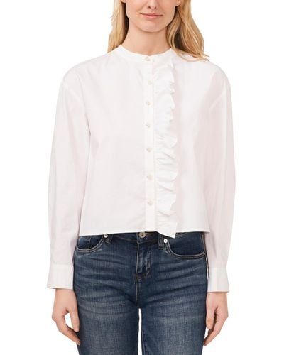 Cece Ruffled Button-front Long-sleeve Cropped Blouse - White