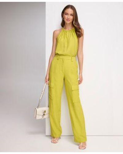 DKNY Crinkled Halter Top High Rise Wide Leg Cargo Pants - Yellow