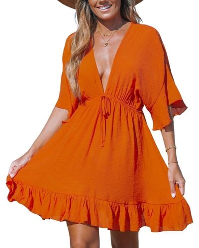 CUPSHE Ruffled Tie Front Mini Cover-up Dress - Orange
