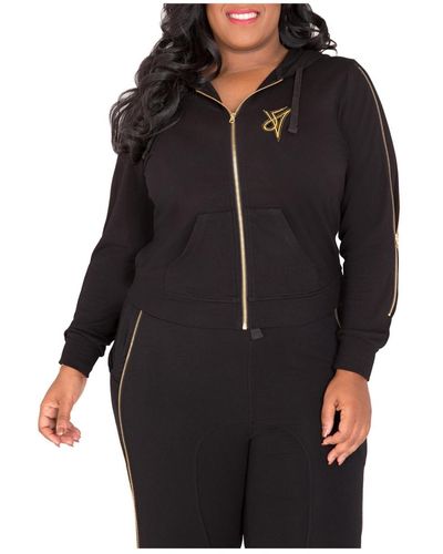 Poetic Justice Plus Size Curvy Fit French Terry Gold Zip Wrap Tie Hoodie - Black