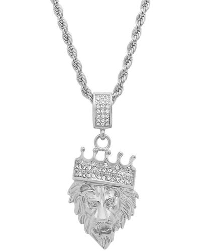 Steeltime Stainless Steel Simulated Diamond Crowned Lion's Head 30" Pendant Necklace - White