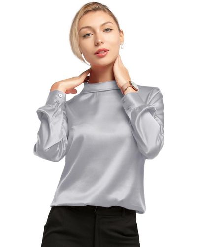 LILYSILK Stand Collar Long Sleeves Silk Blouse - Gray