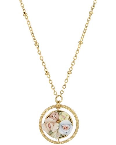 2028 Gold Tone Yellow Porcelain Flower Round Drop Necklace - Pink