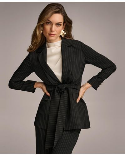 Donna Karan Pinstripe Tie-front Blazer - Black