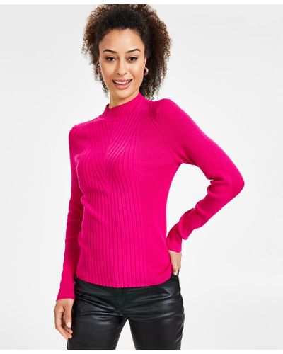 INC International Concepts Detail Ribbed Mock Neck Sweater - Pink