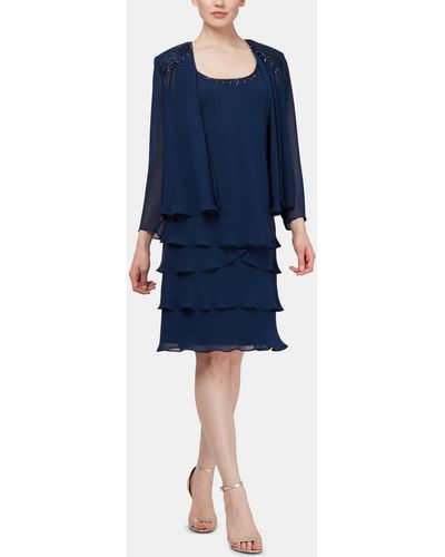 Sl Fashions Embellished Tiered-hem Dress & Jacket - Blue