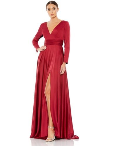 Mac Duggal Ieena Long Sleeve Ruched Waist A-line Gown - Red