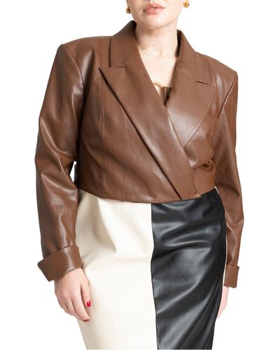 Eloquii Plus Size Cropped Faux Leather Jacket - Brown