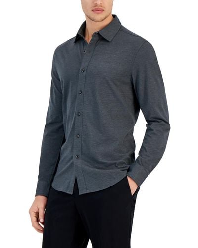 Alfani Classic-fit Heathered Jersey-knit Button-down Shirt - Blue