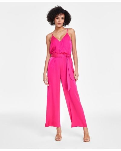BarIII Trendy Tie-waist Wide-leg Adjustable-strap Jumpsuit - Pink