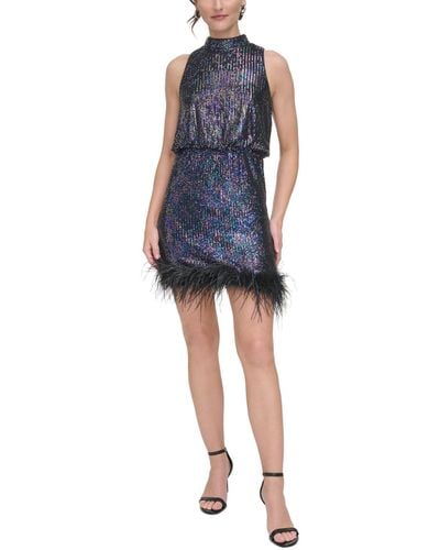 Eliza J Feather-trim Sequin Mock-neck Dress - Blue