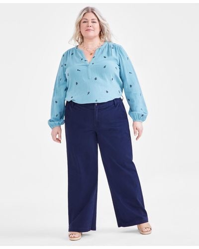 Style & Co. Plus Size High-rise Wide-leg Twill Pants - Blue