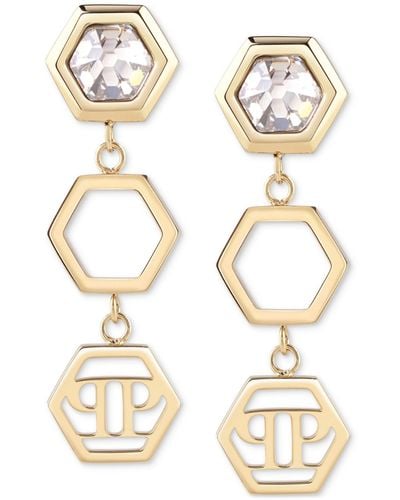 Philipp Plein Gold-tone Ip Stainless Steel Crystal Hexagon Logo Triple Drop Earrings - Metallic