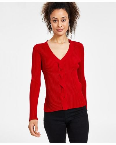 INC International Concepts Ribbed Cable-front V-neck Sweater - Red