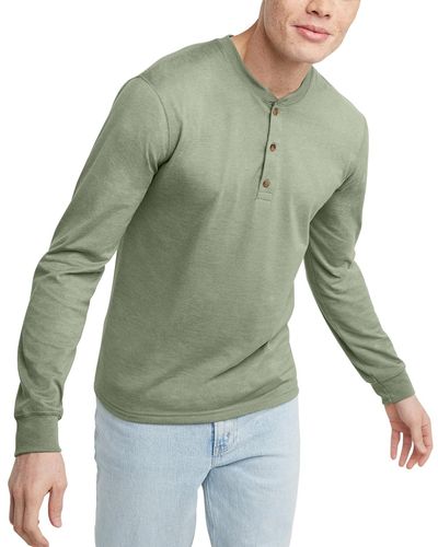 Hanes Originals Cotton Long Sleeve Henley T-shirt - Green