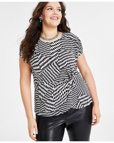 INC International Concepts Plus Size Printed Gathered Top - Black