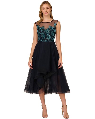 Adrianna Papell Boat-neck Beaded Tulle Dress - Blue