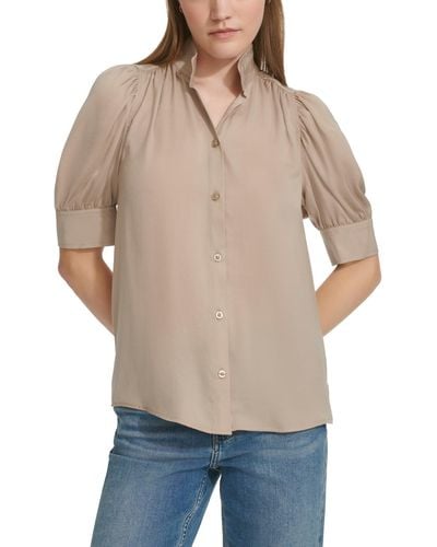 Calvin Klein Charmeuse Puff-sleeve Stand-collar Top - Natural