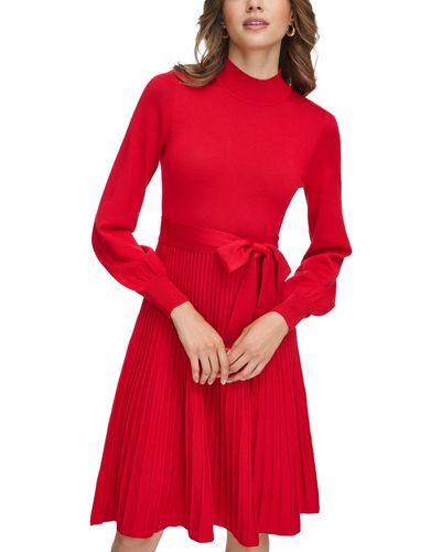 Jessica Howard Mock Neck Belted Sweater Dress - Red
