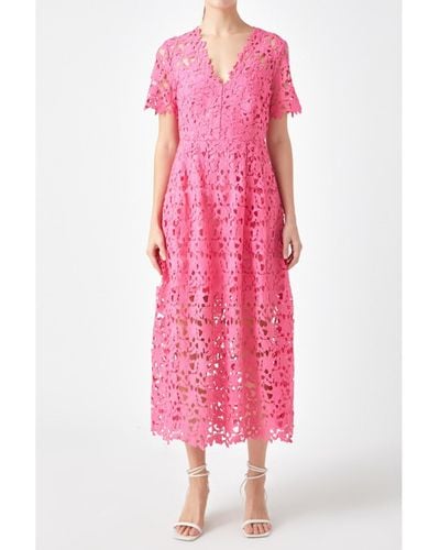 Endless Rose All Over Lace Short Sleeves Midi Dress - Pink