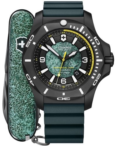 Victorinox I.n.o.x. Professional Diver Blue Green Rubber Strap Watch 45mm Gift Set