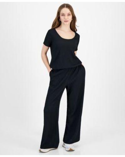 BarIII Petite Textured Short Sleeve Scoop Neck Top High Rise Textured Wide Leg Pants Created For Macys - Blue