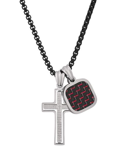 Steeltime Silver-tone Lords Prayer Cross & Square Pendant Necklace - Metallic