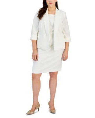 Kasper Plus Size 3 4 Sleeve Shawl Collar Blazer Square Neck Sleeveless Sheath Dress - White